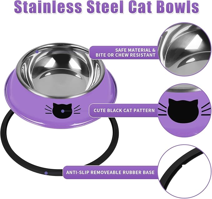 2Pcs Cat Bowls Non-Slip Stainless Steel Small Cat Food Bowls Unbreakable Thicken Cat Feeder 13 Oz Cat Dishes Suitable for Indoor Small Pets Removable Rubber Base Easily Clean Lovely Color