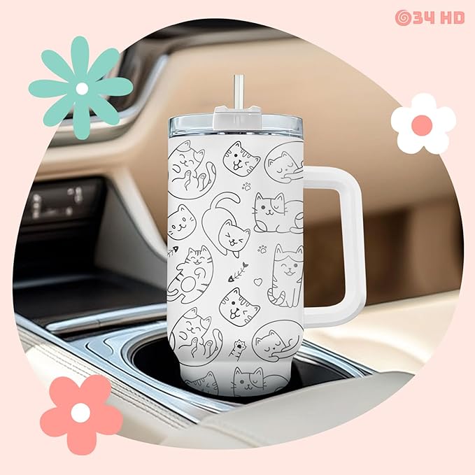 34HD Funny Cat Mom Tumbler with Handle and Straw, 40oz Double Wall Vacuum Insulated Kitty Mug, Pet Owner Gifts for Women, Cat Mom Gifts for Birthday Mothers Day Halloween Christmas