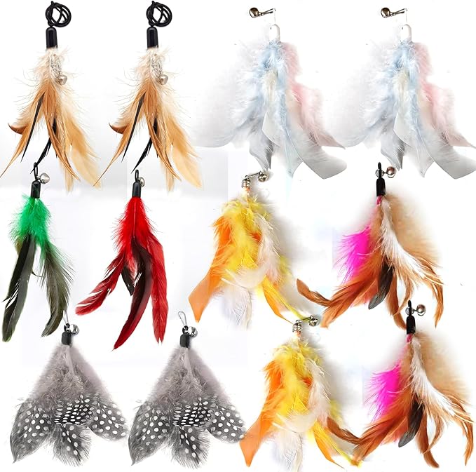 12 Pack Cat Wand Feather Toy Refills with Bells , Natural Feather Replacement for Interactive Cat Teaser Toys, Colorful Cat Wand Attachments, Durable and Safe Cat Toy Accessories for Exercise and Play