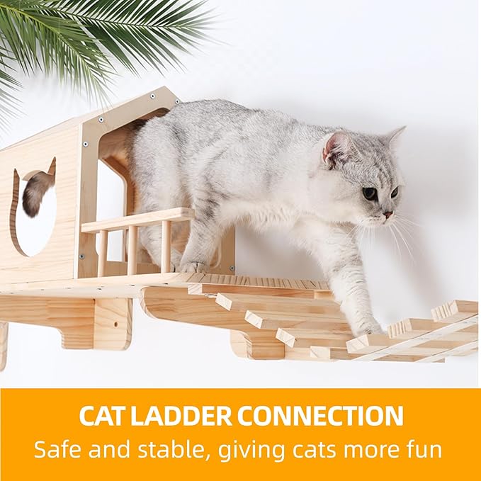 Cat Shelves for Wall, Cat Climbing Shelves Wall Mounted Cat Furniture Set, Cat Wall Shelf with 1 Cat Wall House, 1 Bridge Ladder, 3 Cat Scratching Post and 5 Steps
