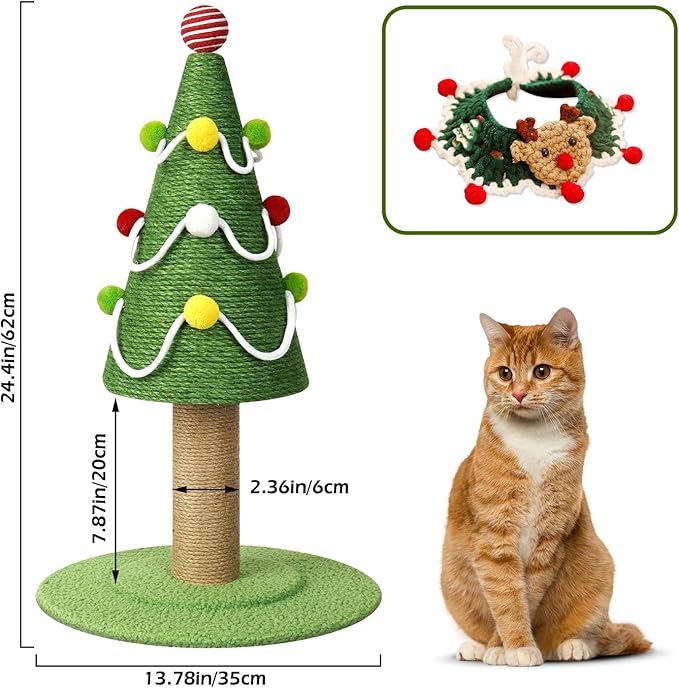 Christmas Tree Cat Scratching Post, Comes with A Christmas Cat Collar, Natural Sisal Rope Cat Tower to Satisfy Cats’ Claw Instincts, Christmas Decor Sisal Rope Cat Toys for Kitty and Adult Cats