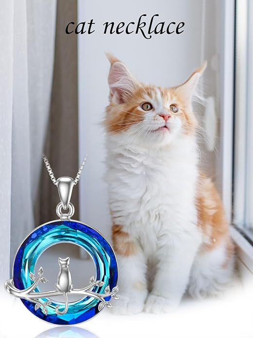 TOUPOP Cat Gifts for Women Sterling Silver Cat Necklaces with Circle Crystal Cat Lovers Jewelry Gifts for Women Girls Birthday Christmas