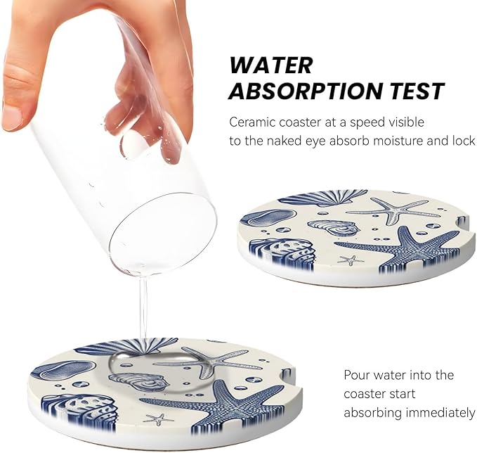 Absorbent Ceramic Car Coasters for Cup Holders, Blue Sea Starfish Shells Design 2.56" Anti Slip Universal Drink Cup Coasters for Women Men (2 Pack)