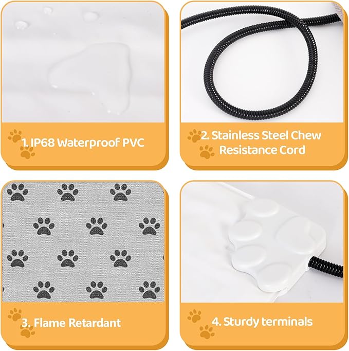 Pet Heating Pad for Cats Dogs with Timer Temperature Adjustable, Electric Heating Mat Indoor, Adjustable Warming Mat, Waterproof Heated Bed with Chew Resistant Steel Cord，Pet Heated Mat