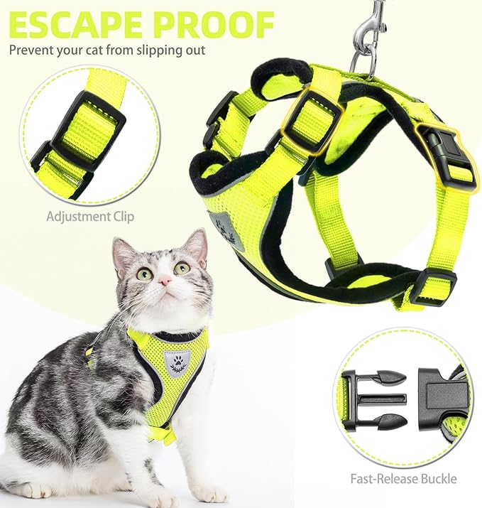 PUPTECK Cat Harness and Leash Set Escape Proof Reflective Cat Walking Harness Adjustable Soft Breathable Mesh Vest for Small Pets, Fluorescent Yellow, M