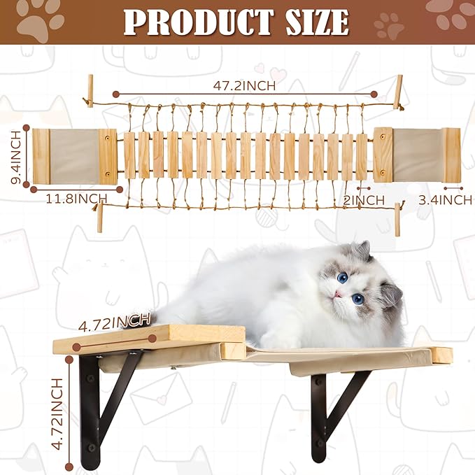 Calmbee Cat Wall Shelves, Cat Wall Furniture 70" Cat Bridge Wall Mount Cat Perch Wooden Hammock Cat Tree Cat Climber Cat Cloud Shelf Board Cats Bed