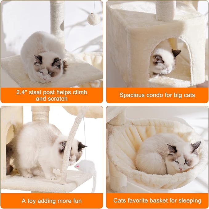 Heybly Cat Tree with Toy, Cat Tower condo for Indoor Cats, Cat House with Padded Plush Perch, Cozy Hammock and Sisal Scratching Posts, Beige HCT004M