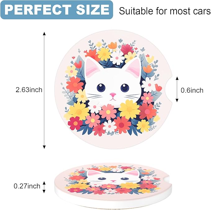 2 Pack Car Cup Holder Coasters, 2.63 inch Anti Slip Insert Absorbent Ceramic Coasters with Cork Base and Finger Notch, Cute Car Accessories Interior for Women