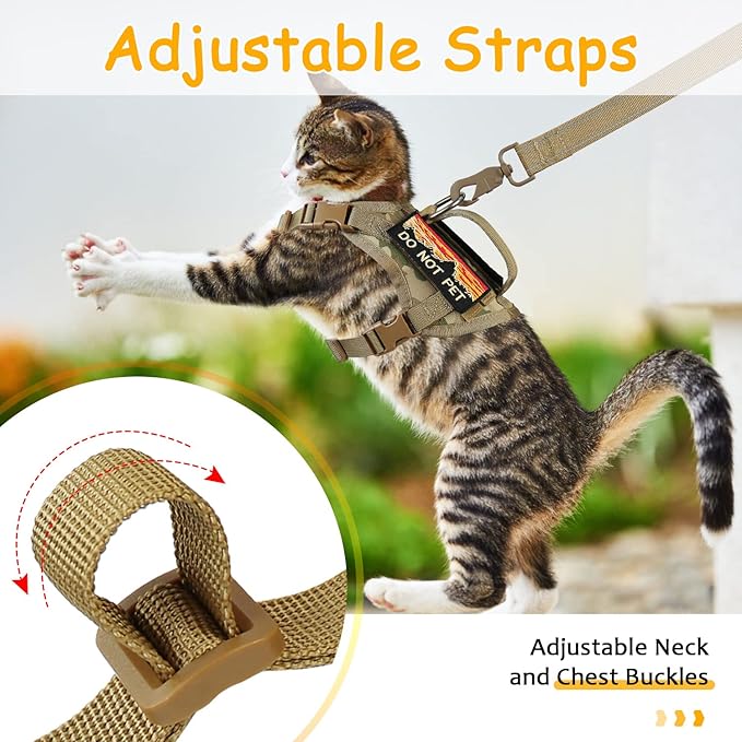 Tactical Cat Harness for Walking, Adjustable Escape Proof Pet Vest for Large Cat,Easy Control Breathable Cat Vest with Handle，Molle Patches (camo Khaki, L)