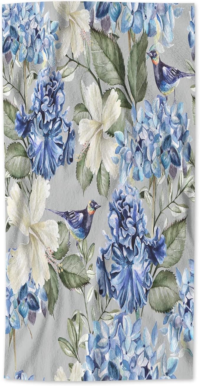 AOYEGO Blue Flower Hand Towels Green Leaf Spring Plant Flowers Hydrangea Hibiscus Iris Towel Highly Absorbent Soft Towel Kitchen Bath Decor for Women Men 15x30 Inch
