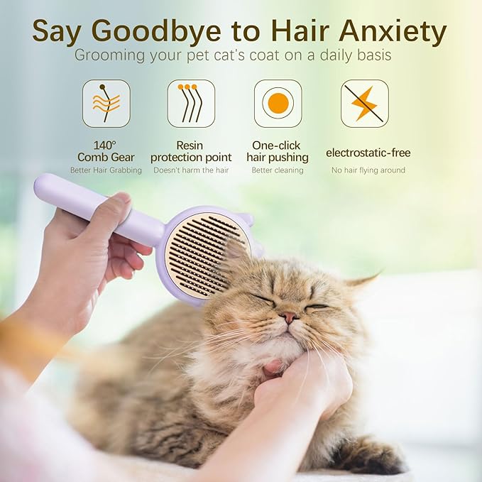 5 in 1 Cat Care Set, Hair Brush with Release Button, Deshedding Brush for Long and Short Haired Cats, Purple