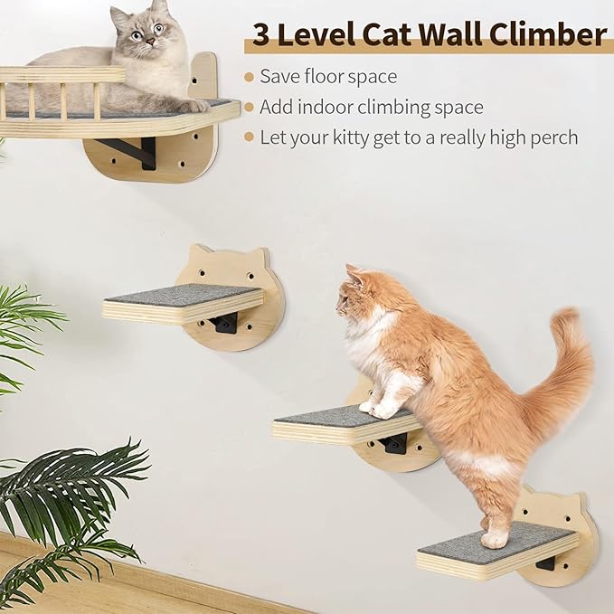 Cat Wall Shelves, Cat Shelves and Perches for Wall, Wood Cat Shelves Wall Mount, Cat Wall Furniture with 3 Cat Wall Steps Cat Scratch Post, Burlywood Indoor Cat Climbing Shelf for Living Room, Bedroom
