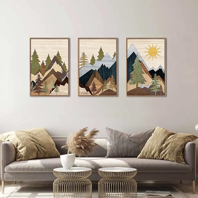 Ausril Mountain Pine Tree Framed Canvas Wall Art Set, Nature Wilderness Illustration Wall Decor, Woodcut Forest Wall Painting, Mid Century Modern Art Print for Living Room Bedroom Office 16"x24"x3