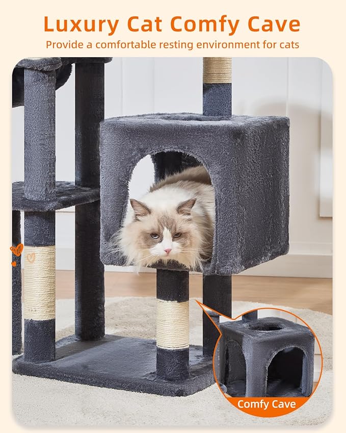 Taoqimiao Cat Tree, 48-Inch Cat Tower for Kittens, Cat Tree Tower with 5 Scratching Posts, Plush Cat Condo with Plush Perch, 2 Hammock, Pompoms, Smoky Gray MS019L-G