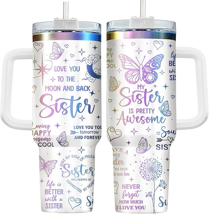 34HD 40oz Sister Tumbler with Handle and Straw, Vacuum Insulated Sis Coffee Mug, Soul Bestie Cup with Lid, Anniversary Birthday Gifts for Soul Sisters Women