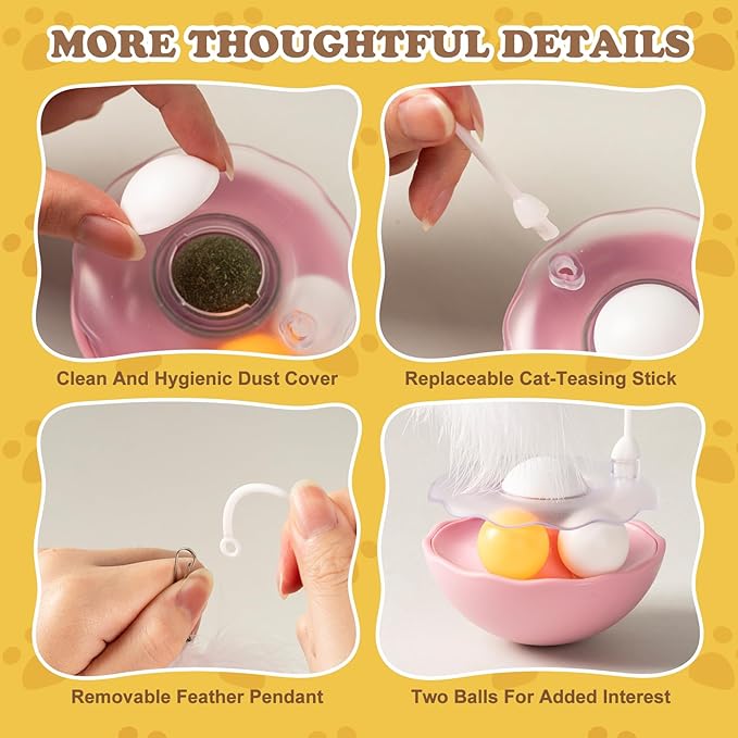 3-in-1 Tumbler Catnip Toy Interactive Cat Toys Cat Teaser with Feather and Bell, Track Balls Kitten Toys for Indoor Cats 9.8'' High (Pink)