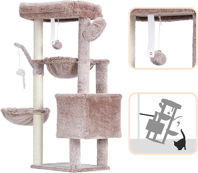 Heybly Cat Tree, 39.4 Inches Tower Condo with Scratching Post, Cat Tower for Indoor Cats, Fully Wrapped Sisal Pole, Soft Platform, 2 Baskets and Dangling Toy, Muchroom HCT006SMU