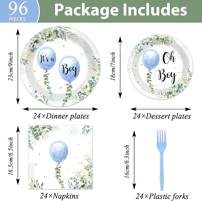 96 Pcs Oh Boy Watercolor Blue Balloon Party Supplies Greenery Boy Baby Shower Tableware Set Eucalyptus Party Favor Birthday Baby Shower Plates and Napkins Table Decorations for 24 Guests