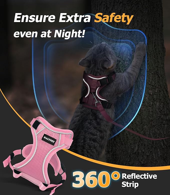 Halypet Cat Harness and Leash Set [MAX Safety 4th-Gen Upgrade] Escape Proof Adjustable Cat Leash Comfortable Soft Vest Easy to Wear Kitten Harness with Reflective Strip for Cats Walking, S Pink