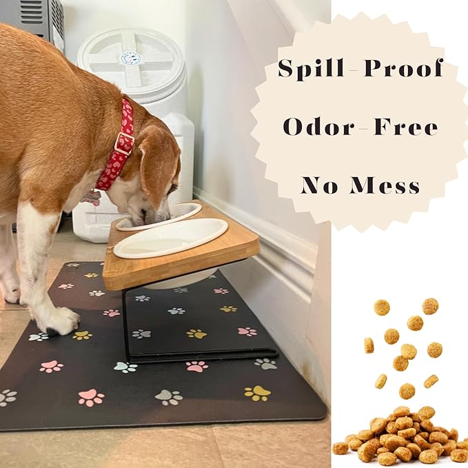 Absorbent Pet Feeding Mat for Food and Water No Stains Quick Dry Mat for Dog Cat Bowl, Dark Paw12x19 Inches