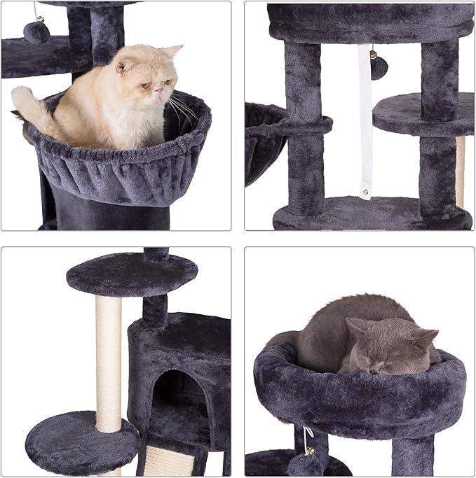 Hey-brother Cat Tree with Scratching Board, Cat Tower with Padded Plush Perch and Cozy Basket, Multi-Platform for Jump, Smoky Gray MPJ005G
