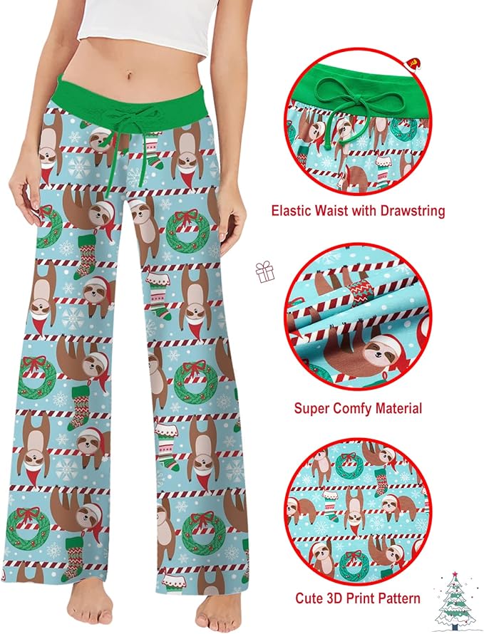 ALISISTER Christmas Womens Pajama Pants Casual Comfy Sleepwear Wide Leg Drawstring Bottoms