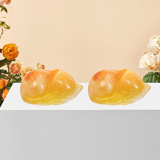 2" Sleeping Cat Statue Citrine Healing Crystals Hand Carved Cute Kitten Figurine, Worry Stone for Anxiety Relif Home Desk Decor Animal Figurine.