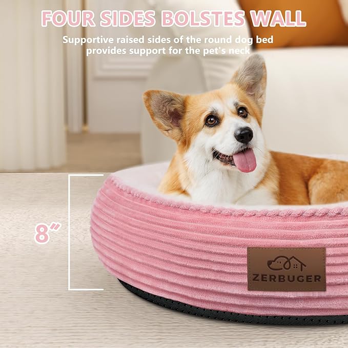 30in Pink Round Cat Dog Bed Gift for Large Medium Small Dogs Cats, Machine Washable Sleeping Sofa, Non-Slip Bottom Soft Calming Pet Cuddler for Indoor/Outdoor/Car/Cage, Fit up to 45lbs
