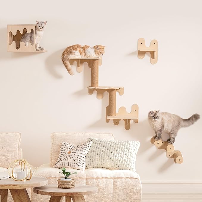 Mewoo Cat Wall Shelves, Wooden Cat Wall Furniture, Stable Cat Wall Steps, Cat House and Cat Perch for Wall Mounted, Cat Climbing Shelves Cat Ladder for Most Kittens & Adult Cats, Set of 4, Beige