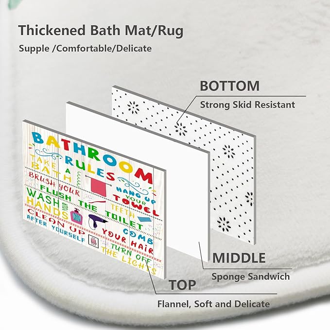 4 Pcs Kids Shower Curtain Sets with Non-Slip Rugs, Funny Teen Boy Girl with Inspirational Text, Cute Colorful Bathroom Rules Fabric Shower Curtain Restroom Bathtub Decor Accessories 72X 72in