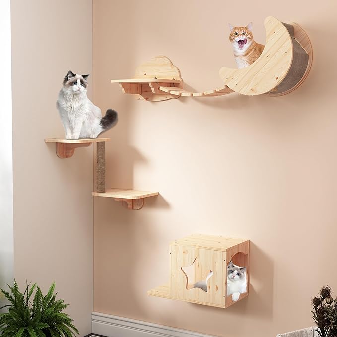 Cat Wall Shelves 7PCS Set for DIY Solid Wood Cat Star Houses & Condos Cat Perches Cat Scratching Post Cat Bridge for Kitty & Kitten Modern Cat Tree