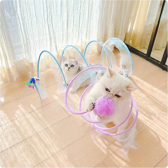 Andiker Folded Cat Tunnel Spring Toy, 10inch Spiral Cat Tunnels Toy with White Feather&Plush Mice&Bell 3 in 1 Folded Cat Tubes Interactive Cat Toys for Indoor Cats to Exercise, Relax (Purple, L)