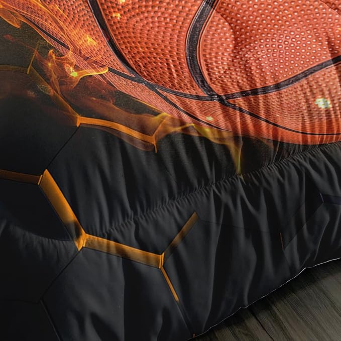 Basketball Bedding Full Size,Black Honeycomb Background Comforter Flame Basketball Print Bedding Set for Boys Girls Bedroom Decor,Slam Dunk Sports Themed Sets Comforter with 2 Pillowcases.