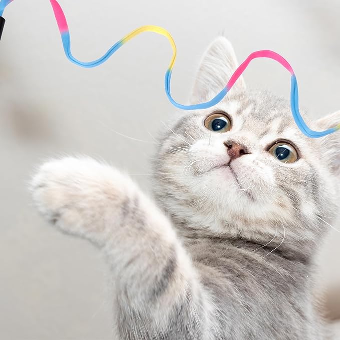 Amaxiu Cat Wand Toy Set, Interactive Cat Wand Toy with Rainbow Ribbon String, Rainbow Cloth String, Leopard Print Cloth String for Small Cats Kittens Indoor Training Catcher (3 Packs)