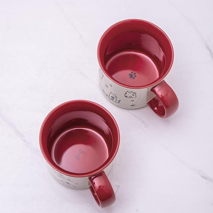 AmorArc 22 OZ Large Ceramic Coffee Mugs Set of 2, Oversized Mugs With Big Handle for Men Women Dad Mom, Big Mug With Textured Dogs Cats Patterns for Office & Home -Microwave Safe, 2 Pcs-Red