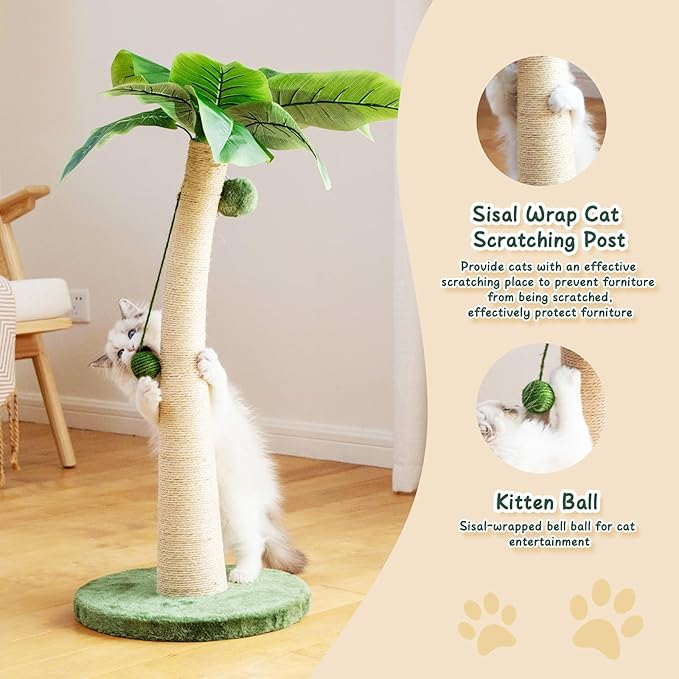 37 Inches Cat Scratching Post, Large Cat Scratching Post, Sisal Scratcher with 3 Hanging Pompoms for Indoor Cats (Short Round Base)