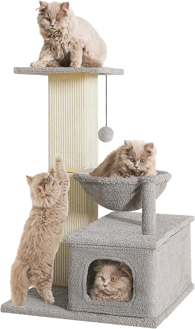 Small Cat Tree, 31 Inches Tall Cat Scratching Post with Perch & Condo & Hammock, Natural Woven Sisal Cat Post Sctacher, Kitten Scratching Posts for Indoor Cats, Cat Scratch Tower, Gray
