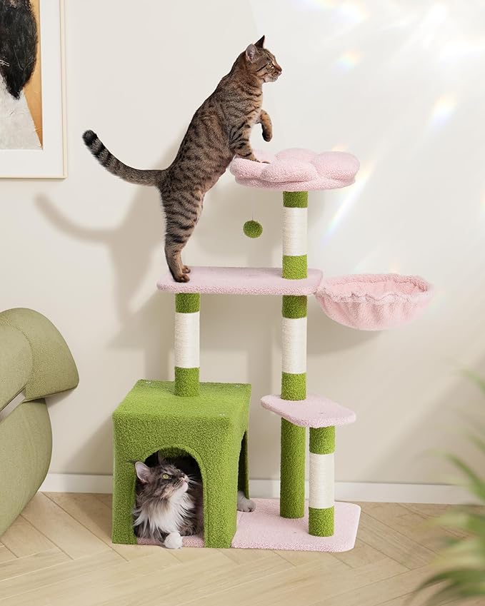 Flower Cat Tree Tower for Large Cats, 41.2'' Cute Cat House with 4 Scratching Posts, 2-Door Condo Cave for Adult Cats, Cozy Perch and Hammock for Small Cats or Pets, Green Pink