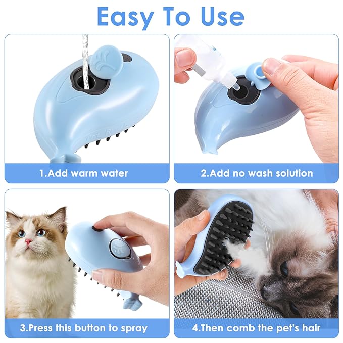 3 in 1 Silicone Grooming Brush for Cats and Dogs - Steamy Massager for Removing Tangles and Loose Hair (Blue)