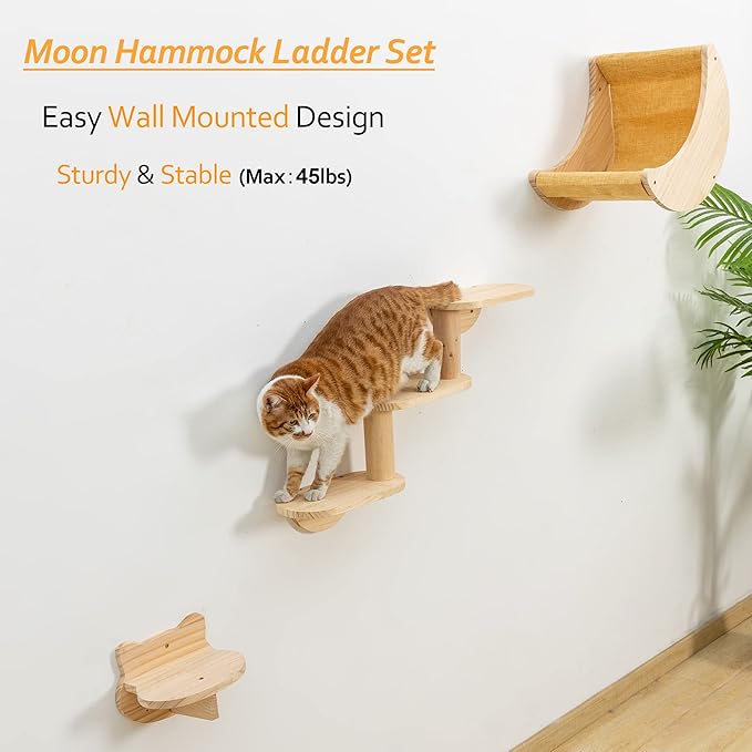 Cat Shelf for Wall Mount Hammock with 3-Levels Climbing Ladder and Shelves Moon Cats Wall Furniture for Activity Indoor Kitty (3-Levels Steps)