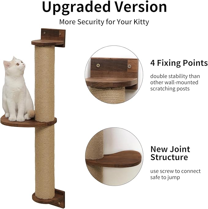 FUKUMARU Cat Tree, Solid Walnut Wood Cat Wall Furniture, Black Cat Wall Shelves with Scratching Posts and Pedal (Cat Activity Tree-Updated)