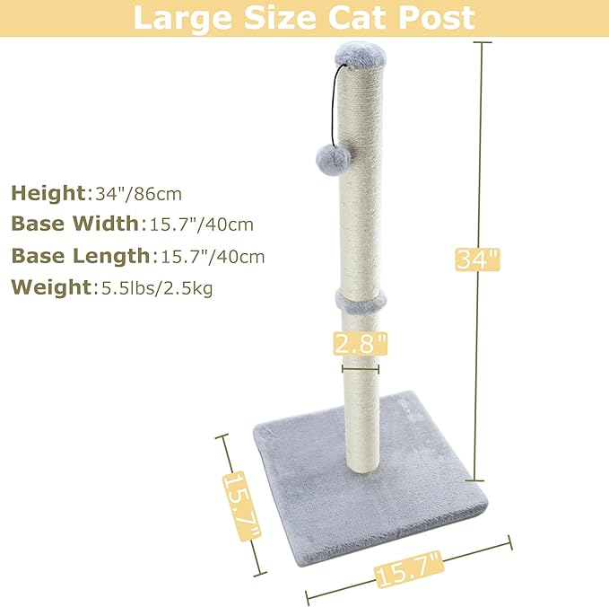Dimaka 34" Tall Cat Scratching Post for Large Cats and Kittens, High Vertical Scratcher with Premium Natural Sisal Rope and Interactive Hanging Ball for Indoor Cats(Grey, 34 inches)