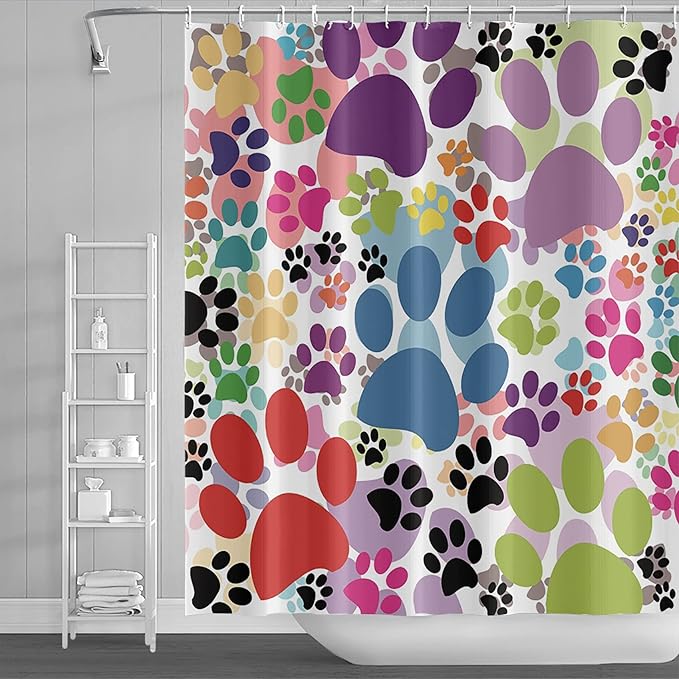69x75inch Colorful Cartoon Dog and Cat Pawprints Kids' Shower Curtain Cute Animal Lovely Pet Puppy Cat Claw Prints Bath Curtain for Children Baby Bathroom Decor Fabric Polyester with Hooks