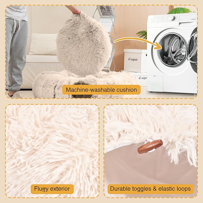 Avont Cat Tunnel Bed with Central Washable Cushion - Large Cat Tunnel Tube Toys 3 Shape to Play for Indoor Cats Kittens Puppies Ferret, Round Plush Fluffy Cat Bed with Tunnels -Beige