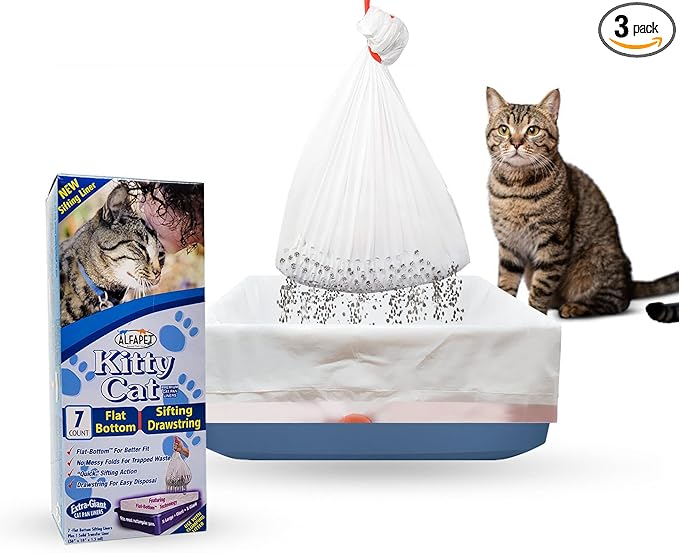Alfapet Self Sifting Cat Litter Box Liners, Set of 21, Flat Base, XL Design, With Inbuilt Drawstrings, Fits Large Trays, Reinforced, 36 in x 18 in