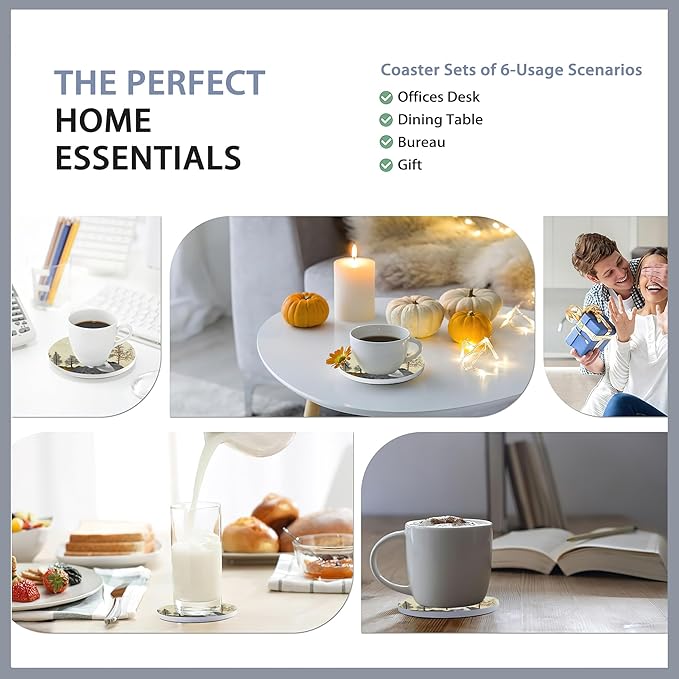 6 Pcs Coasters for Drinks with Holder,Brown Trees with Golden Gray Mountains Landscape Absorbent Coaster with Cork Backing,Great Gift for Housewarming,Room Decor,Bar,Holiday Party