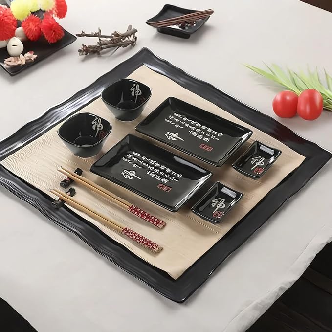 8 pcs Japanese Sushi Plate Sets Serving Platters and Trays for Entertaining Sushi Dishes Set Plates Sushi Plates Traditional Cuisine Dinnerware Sets with Chopsticks Black Shen
