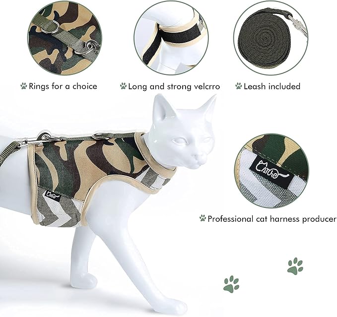Cat Harness and Leash Set for Walking Escape Proof, Adjustable Cat Vest Harness, Padded Stylish Cat Walking Jackets, Camo Green, X-Small