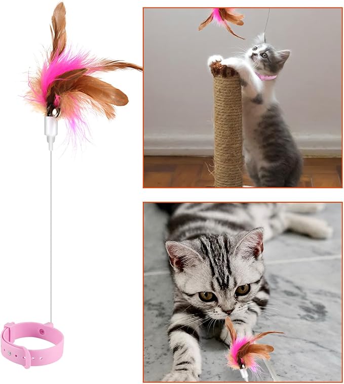 2pcs Cat Teaser Wand Toy, Cat Teasing Wand Collar Silicone Adjustable Cat Wand Toy Feather with Bell Cat Interactive Teaser Toys for Indoor Cat Kittens Playing Exercise (Pink)