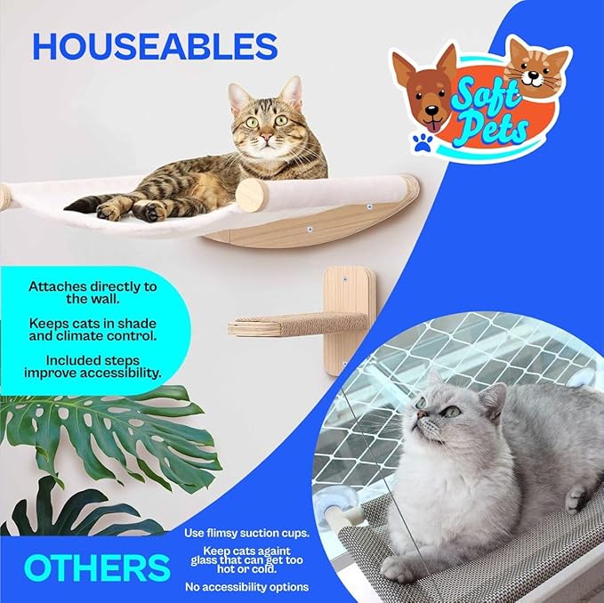 Cat Hammock Wall Mounted Cat Shelf with Three Steps - Cat Wall Shelves and Perches for Sleeping, Playing, Climbing, and Lounging - Modern Cat Bed & Furniture for Large Cats or Kitty, Natural